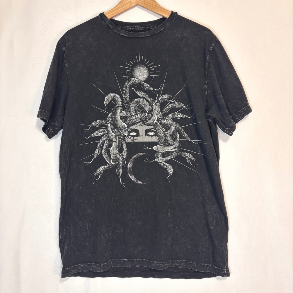 Midnight Hour Medusa Graphic Tee Women L Black Acid Wash Celestial Goth Grunge